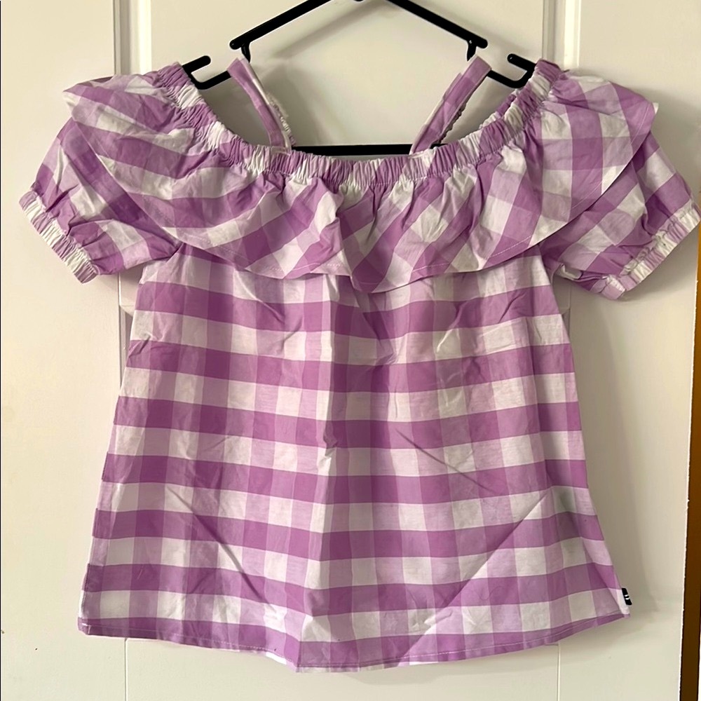 Nautica Purple and White Gingham Ruffled Blouse EUC